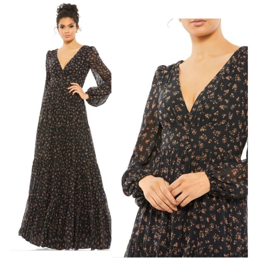 New Mac Duggal Size 2 Black Floral 55431 Peasant Maxi Dress Flowy Cottagecore - Picture 1 of 13